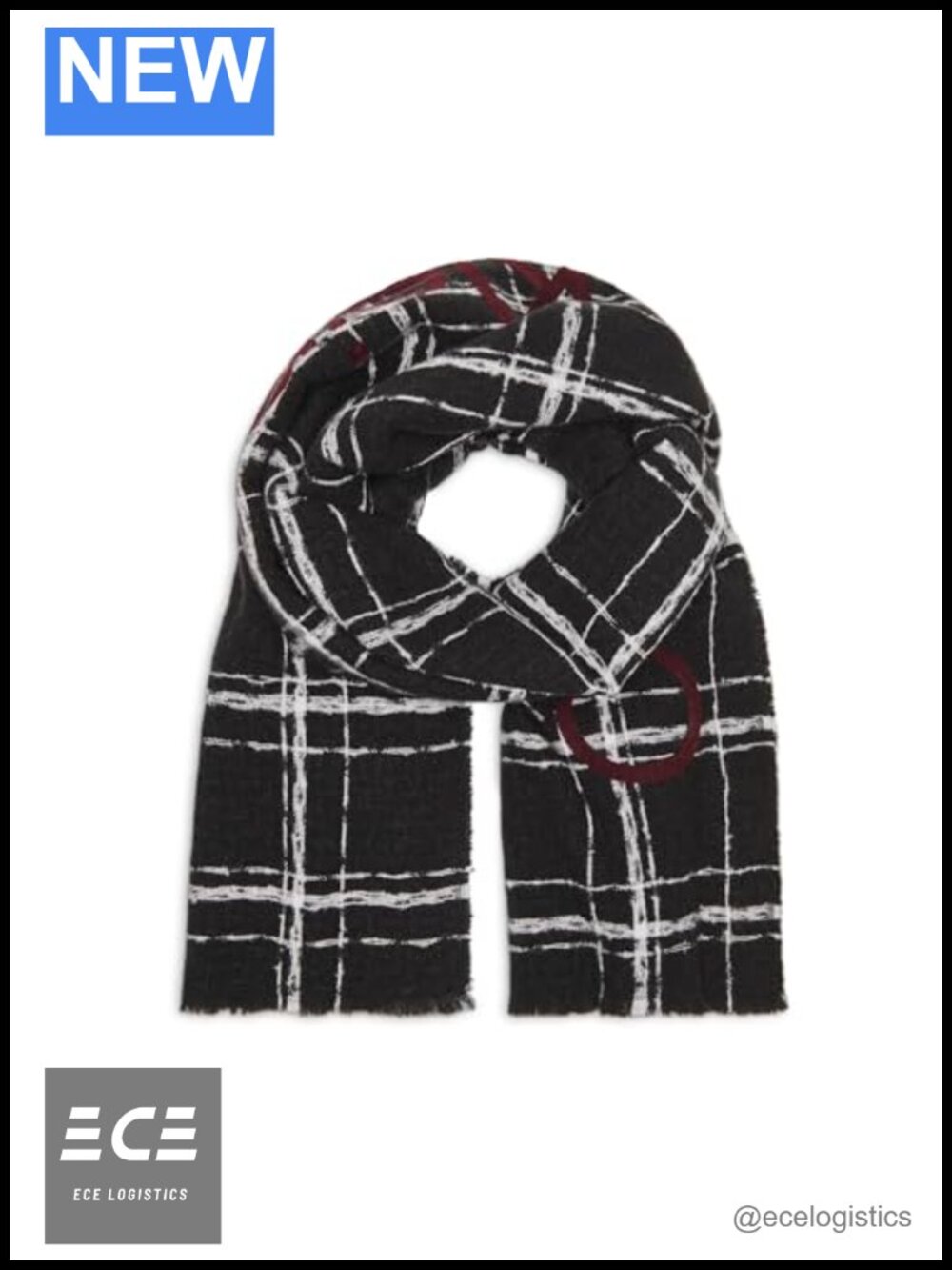 Calvin Klein Grid Weave Logo Cozy Winter Scarf Eyelash Fringe 76x26